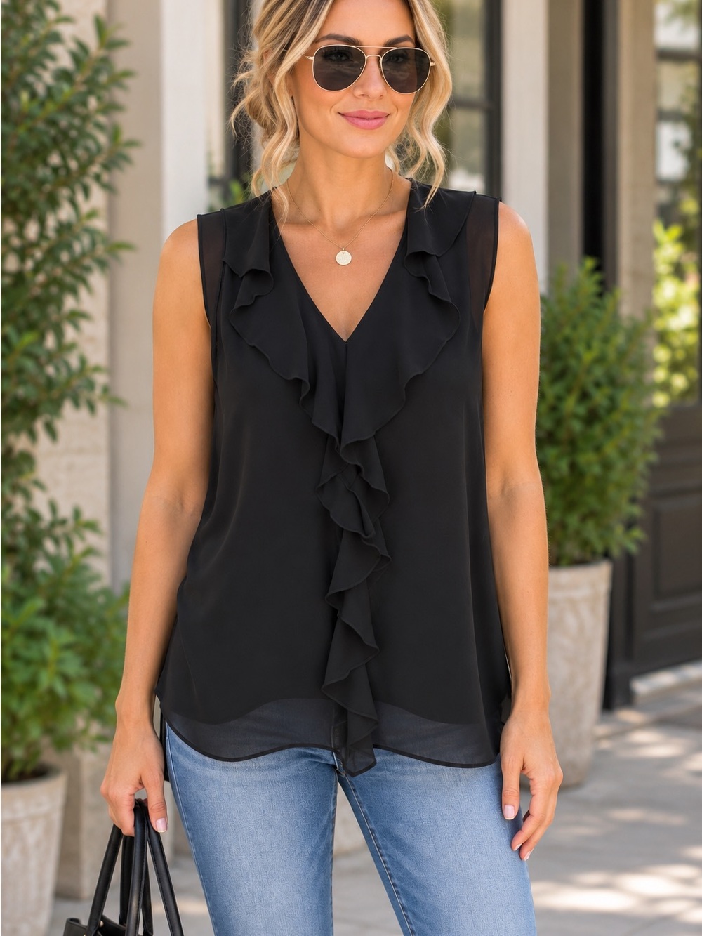 Ideology Black Chiffon Sleeveless Ruffle V-Neck Camisole
